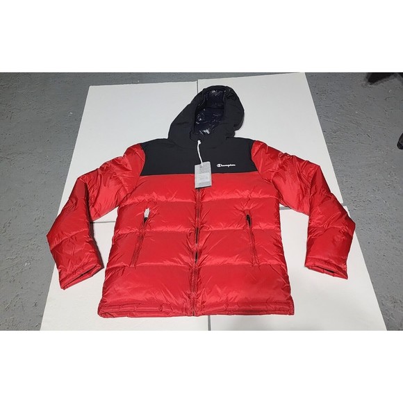New Winter Champion Hooded Puffer Jacket Tech Fil Black SCARLET Men's Size XL